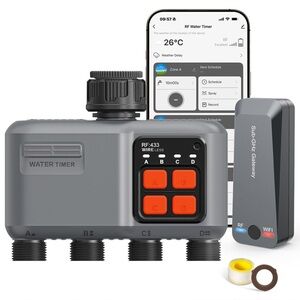 NEW Smart WiFi Water Timer 4-Zone, 984ft RF Gateway, 4 Outlets and Rain Delay